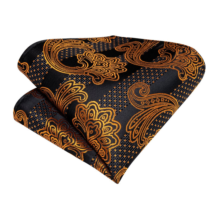 New Black Golden Floral Silk Cravat Woven Ascot Tie Pocket Square Handkerchief Suit Set (4602603864145)