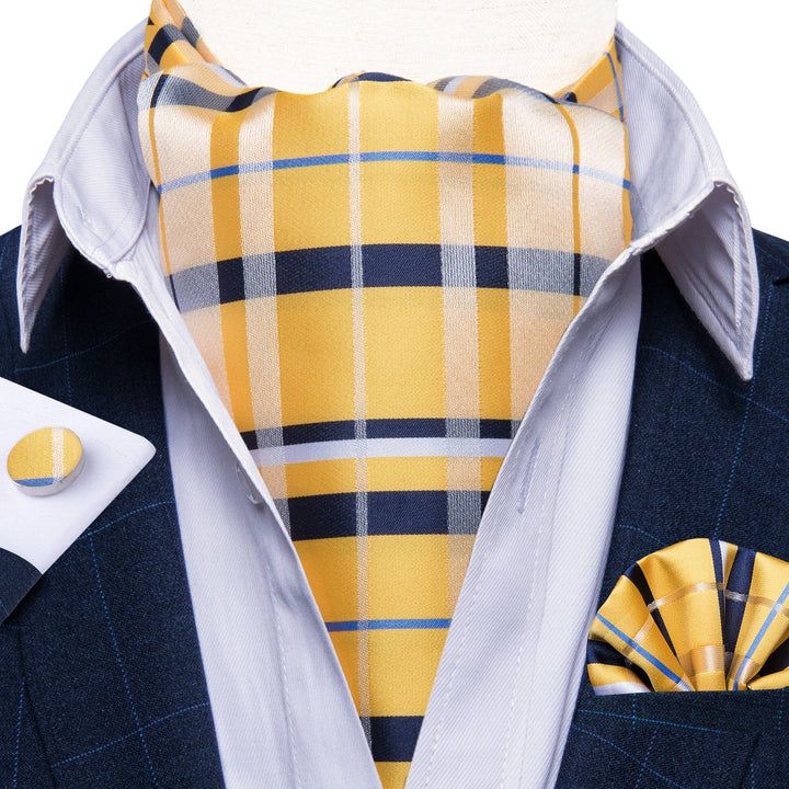 New Yellow Blue Striped Silk Cravat Woven Ascot Tie Pocket Square Handkerchief Suit Set (4602631028817)