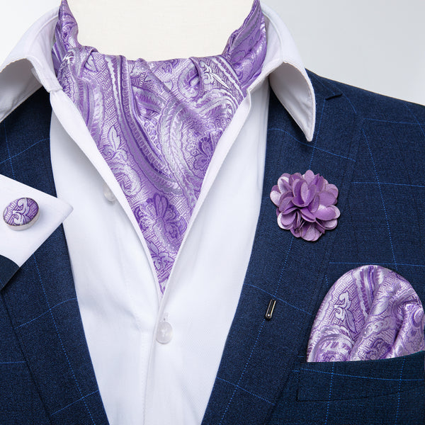 Light Purple Floral Silk Ascot Cravat Pocket Square Cufflinks Set With Lapel Pin