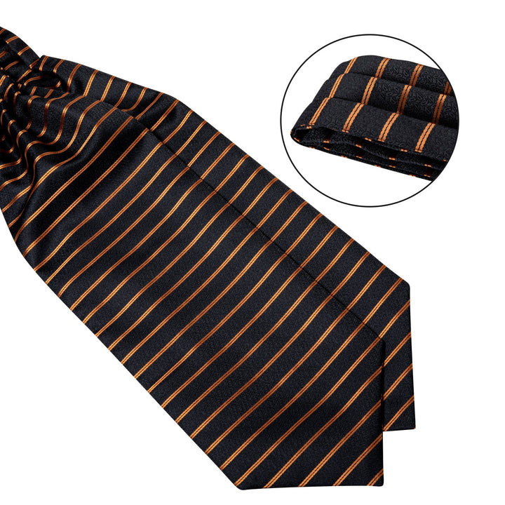New Gold Black Striped Silk Cravat Woven Ascot Tie Pocket Square Handkerchief Suit Set (4602649968721)