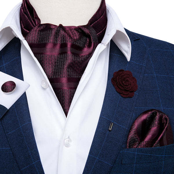 Burgundy Plaid Silk Ascot Cravat Pocket Square Cufflinks Set With Lapel Pin