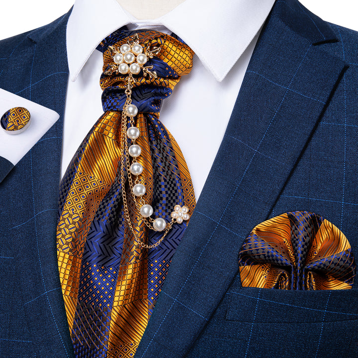 Golden Blue Plaid Silk fine ties ascot set