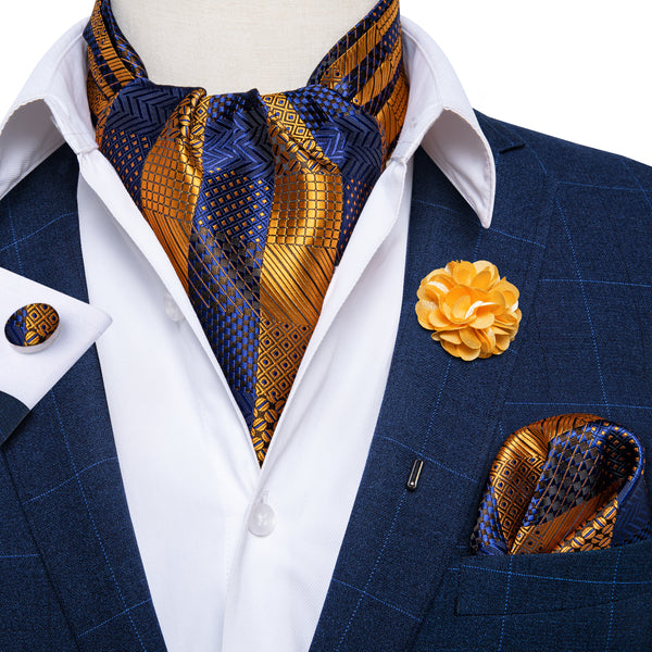 Golden Blue Plaid Silk Ascot Cravat Pocket Square Cufflinks Set With Lapel Pin