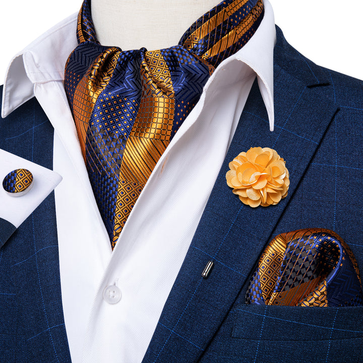gold blue plaid ascot tie set with floral tie Lapel Pin