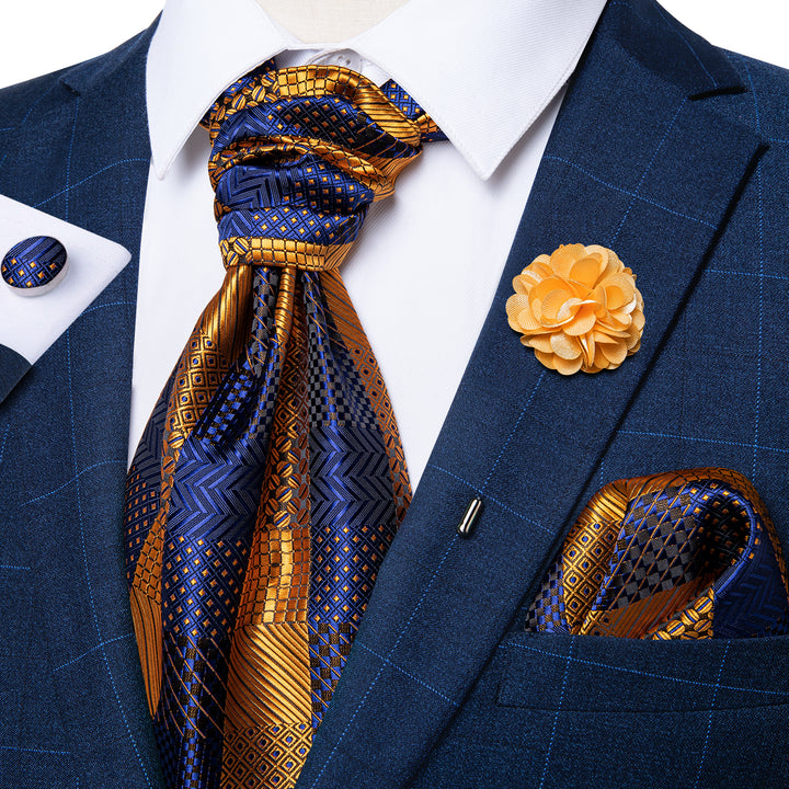 plaid gold deep blue tie ascot set