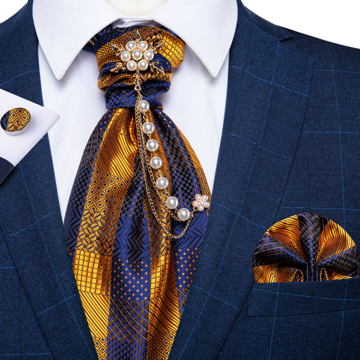 blue gold plaid unusual ties ascot set