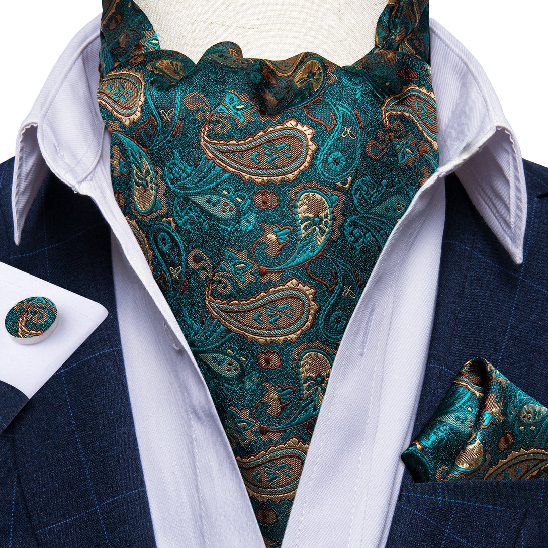 New Green Paisley Silk Cravat Woven Ascot Tie Pocket Square Handkerchief Suit Set (4601469239377)