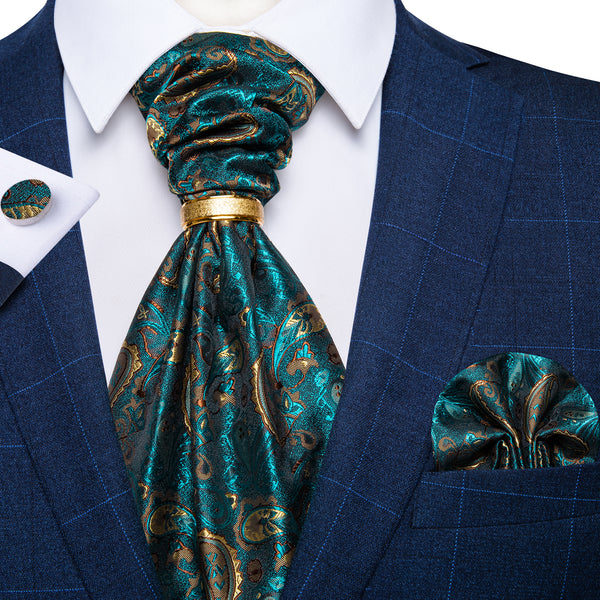New Green Paisley Silk Cravat Woven Ascot Tie Pocket Square Cufflinks Set with Tie Ring