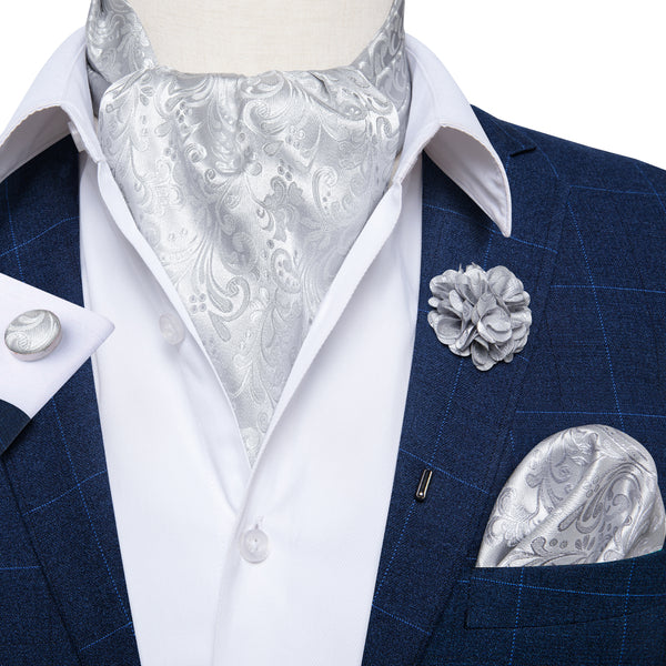 Silver Floral Silk Ascot Cravat Pocket Square Cufflinks Set With Lapel Pin