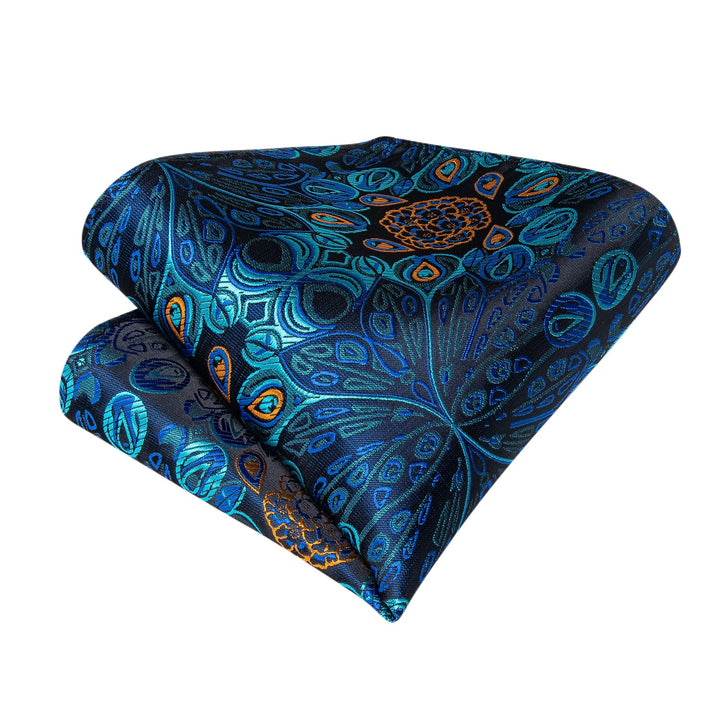 New Blue Floral Silk Cravat Woven Ascot Tie Pocket Square Handkerchief Suit Set (4601490800721)