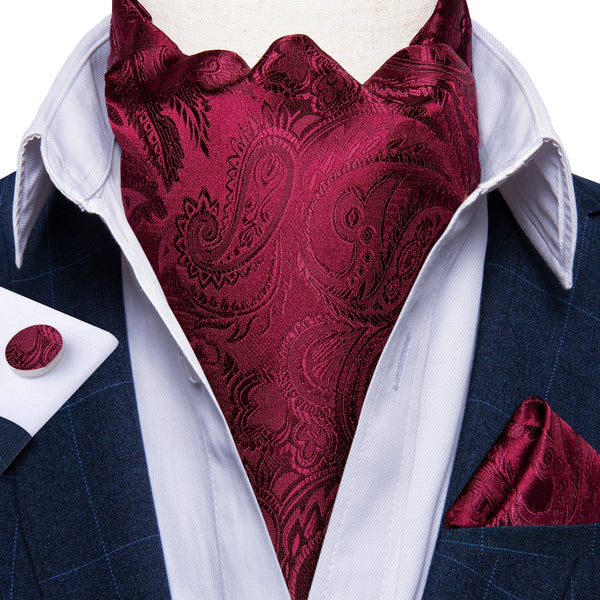 New Red Paisley Silk Cravat Woven Ascot Tie Pocket Square Handkerchief Suit Set (4601499517009)