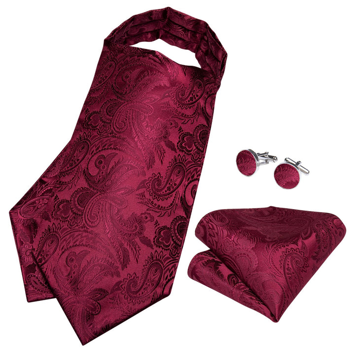 New Red Paisley Silk Cravat Woven Ascot Tie Pocket Square Handkerchief Suit Set (4601499517009)