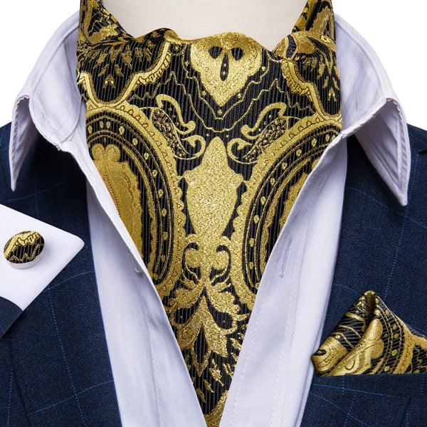 New Golden Black Floral Silk Cravat Woven Ascot Tie Pocket Square Handkerchief Suit Set (4601505775697)