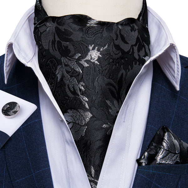 New Black Floral Silk Cravat Woven Ascot Tie Pocket Square Handkerchief Suit Set (4601510395985)