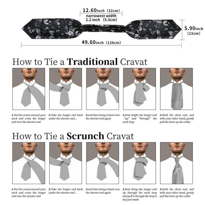 New Black Floral Silk Cravat Woven Ascot Tie Pocket Square Handkerchief Suit Set (4601510395985)