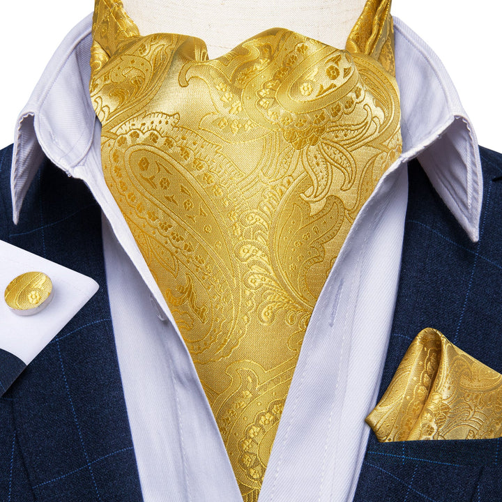 New Golden Paisley Silk Cravat Woven Ascot Tie Pocket Square Handkerchief Suit Set (4601518293073)