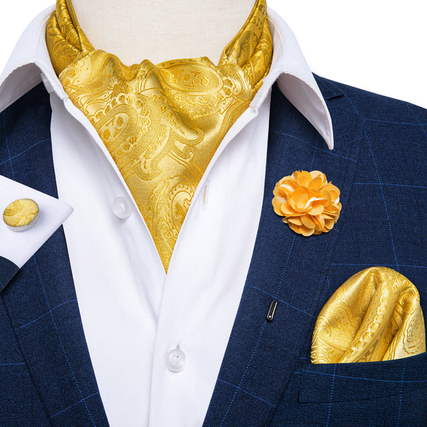 Golden Paisley Silk Ascot Cravat Pocket Square Cufflinks Set With Lapel Pin