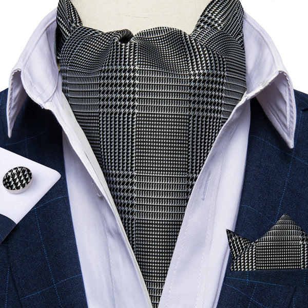 Houndstooth Silk Cravat Woven Ascot Tie Pocket Square Handkerchief Set