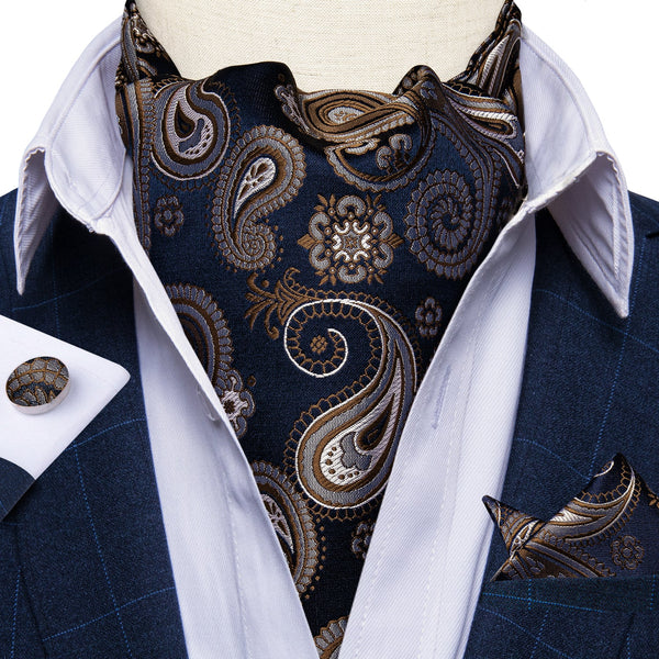 Black Brown Paisley Silk Cravat Woven Ascot Tie Pocket Square Handkerchief Set