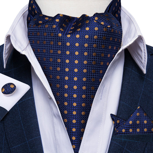 Ties2you Blue Ascot Tie Brown Polka Dot Silk Cravat Woven Ascot Handkerchief Cufflinks Set