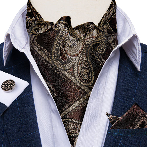 Ties2you Brown Tie Paisley Silk Cravat Woven Men's Ascot Tie Pocket Square Handkerchief Set