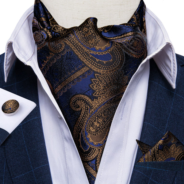 New Novelty Blue Brown Paisley Silk Cravat Woven Ascot Tie Pocket Square Handkerchief Set