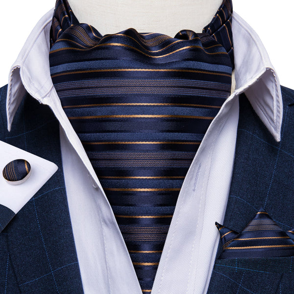 New Novelty Blue Brown Striped Silk Cravat Woven Ascot Tie Pocket Square Handkerchief Set