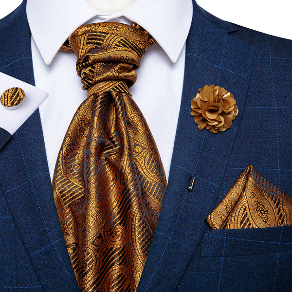 Brown Black Paisley Silk Ascot Cravat Pocket Square Cufflinks Set With Lapel Pin