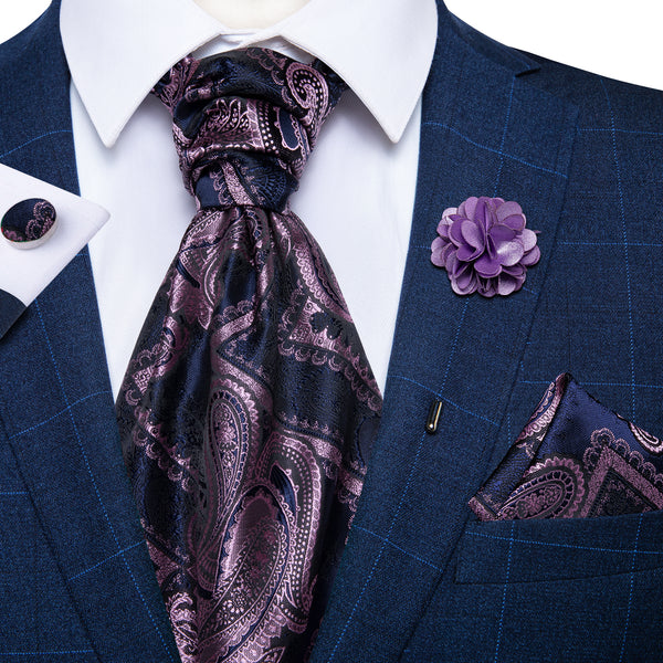 Purple Blue Paisley Silk Ascot Cravat Pocket Square Cufflinks Set With Lapel Pin