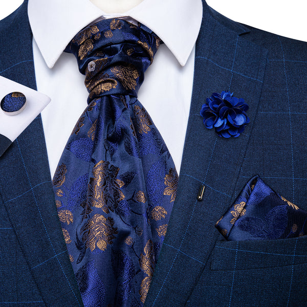 Blue Golden Floral Silk Ascot Cravat Pocket Square Cufflinks Set With Lapel Pin