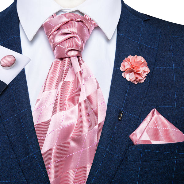 Ties2you Pink Tie Silk Plaid Ascot Cravat Pocket Square Cufflinks Set With Lapel Pin