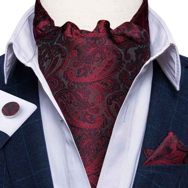 Black Red Texture Paisley Silk Ascot Cravat Tie Pocket Square Cufflinks Set