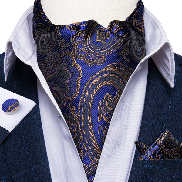 New Blue Black Paisley Silk Ascot Cravat Tie Pocket Square Cufflinks Set