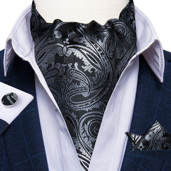 Black Grey Paisley Silk Ascot Cravat Tie Pocket Square Cufflinks Set
