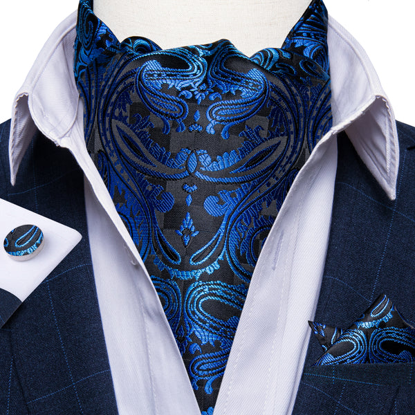 New Black Blue Paisley Silk Ascot Cravat Tie Pocket Square Cufflinks Set
