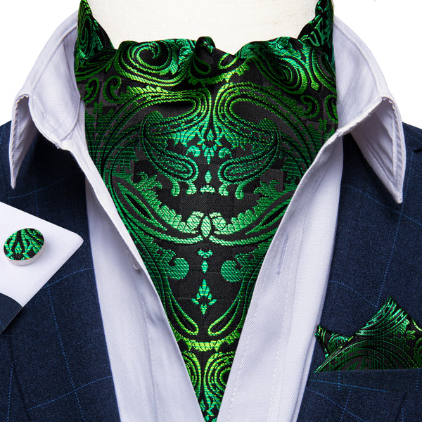 Black Green Paisley Silk Ascot Cravat Tie Pocket Square Cufflinks Set