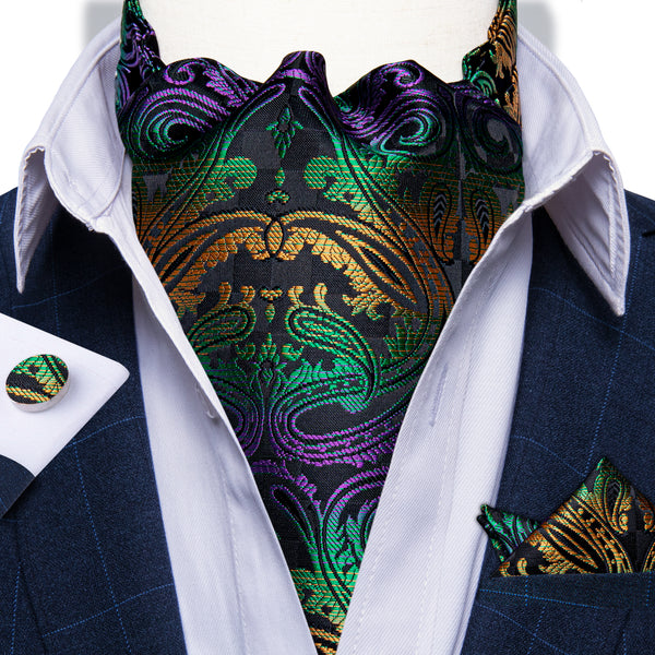 New Black Green Purple Gradient Color Paisley Silk Ascot Cravat Tie Pocket Square Cufflinks Set