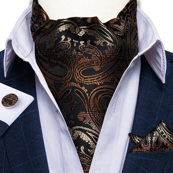 New Black Brown Gradient Color Paisley Silk Ascot Cravat Tie Pocket Square Cufflinks Set