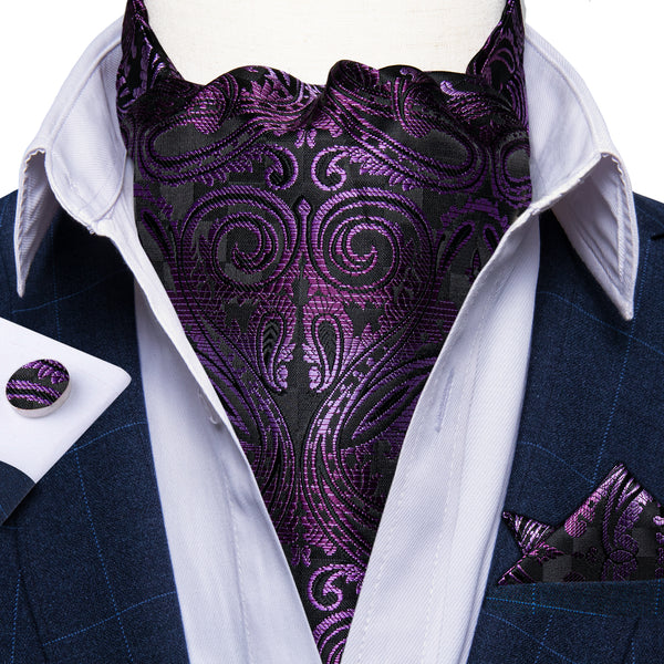 New Black Purple Gradient Color Paisley Silk Ascot Cravat Tie Pocket Square Cufflinks Set