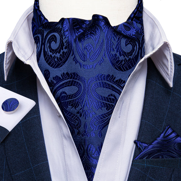 Navy Blue Paisley Silk Ascot Cravat Tie Pocket Square Cufflinks Set