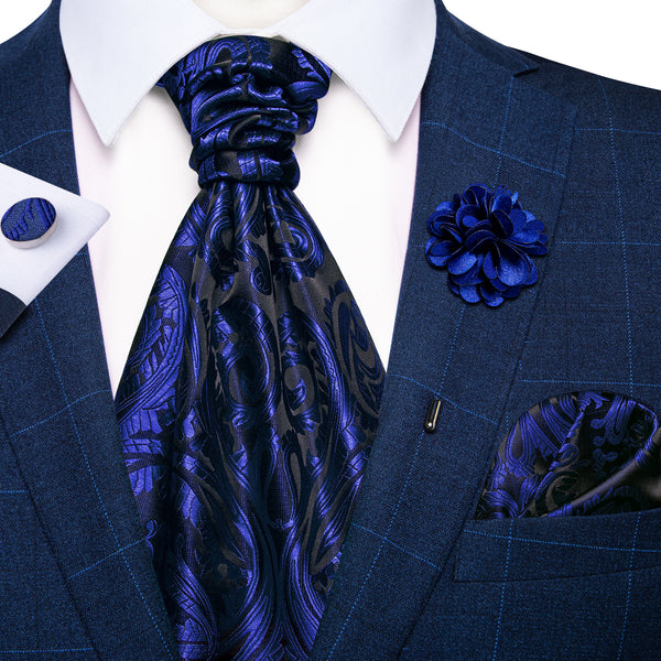 Navy Blue Paisley Silk Ascot Cravat Tie Pocket Square Cufflinks Set with Lapel Pin