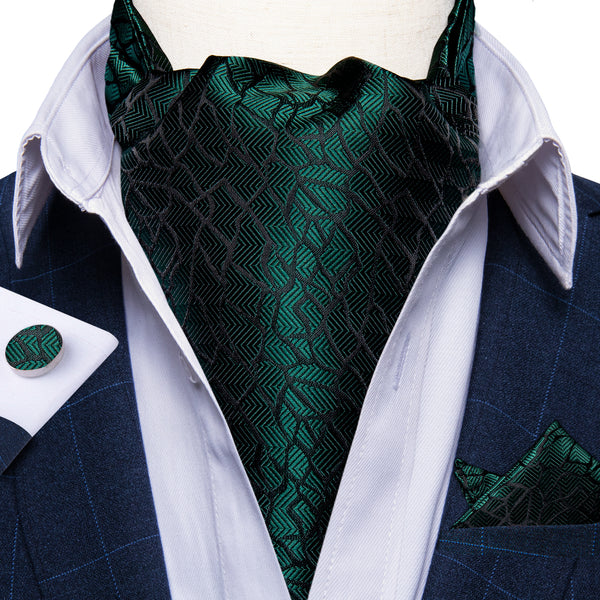 New Dark Green Irregular Square Novelty Silk Ascot Cravat Tie Pocket Square Cufflinks Set
