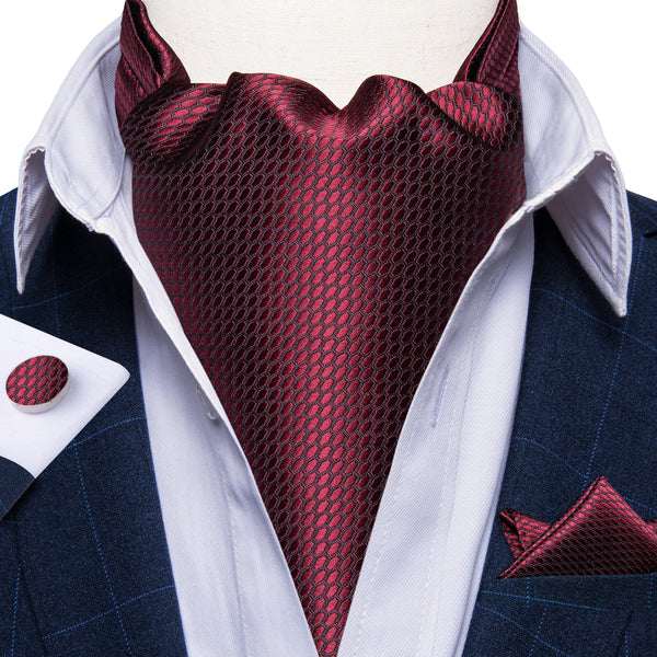 New Wine Red Polka Dot Silk Ascot Cravat Tie Pocket Square Cufflinks Set
