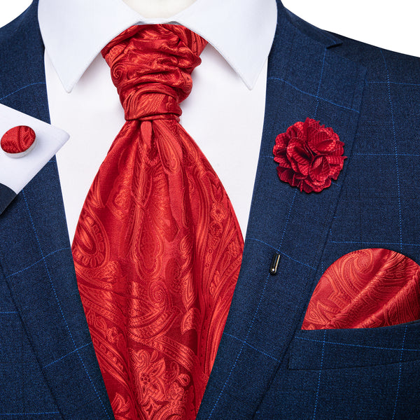 Classic Red Polka Paisley Ascot Cravat Tie Pocket Square Cufflinks Set with Lapel Pin