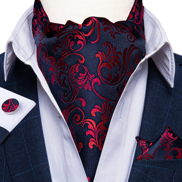 Blue Red Polka Floral Ascot Cravat Tie Pocket Square Cufflinks Set