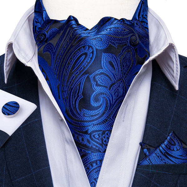 Black Blue Paisley Ascot Cravat Tie Pocket Square Cufflinks Set