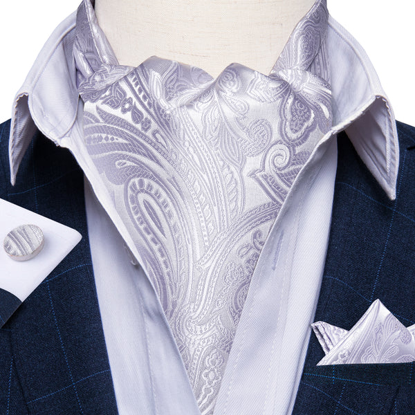 Pure White Paisley Ascot Cravat Tie Pocket Square Cufflinks Set