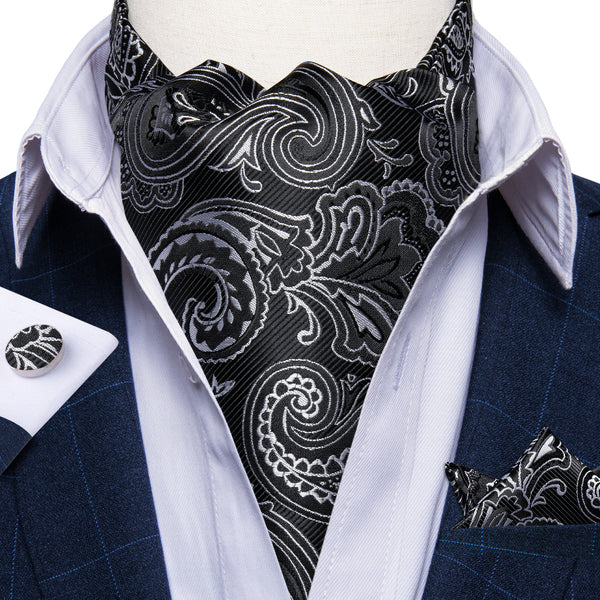 Black White Paisley Ascot Cravat Tie Pocket Square Cufflinks Set