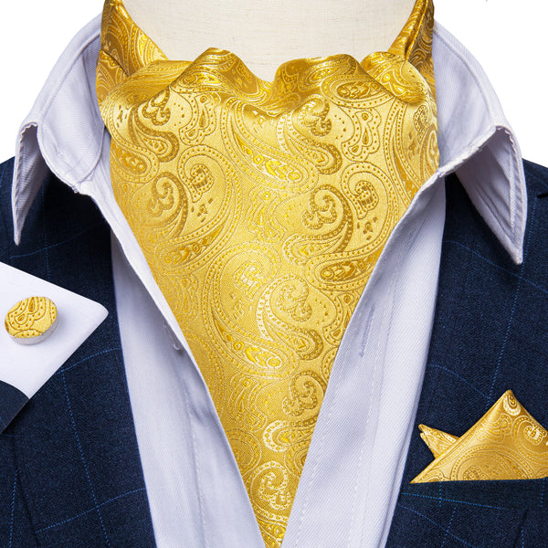 Golden Yellow Paisley Silk Ascot Cravat Tie Pocket Square Cufflinks Set