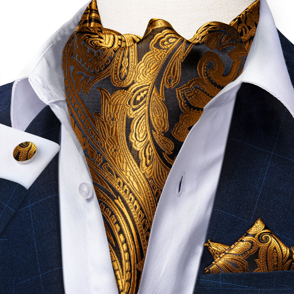 Golden Black Paisley Ascot Cravat Tie Pocket Square Cufflinks Set